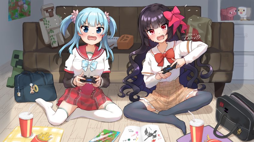 2girls asukaru_(magika_ru) black_sleeves blaze_(minecraft) blue_bow blue_bowtie blue_eyes blue_hair blush bow bowtie breast_pocket brown_hair brown_skirt buttons chicken_(minecraft) chizu_ranka controller couch creeper cup dated disposable_cup dot_nose drinking_straw ender_dragon enderman enderpearl fang food french_fries game_controller grey_thighhighs hair_ribbon highres holding holding_controller holding_game_controller indoors iron_golem_(minecraft) jewelry kamihama_university_affiliated_school_uniform layered_sleeves long_hair long_sleeves looking_at_viewer loose_bowtie magia_record:_mahou_shoujo_madoka_magica_gaiden magma_cube mahou_shoujo_madoka_magica medium_hair minami_rena minecraft miniskirt multiple_girls no_shoes on_floor one_side_up open_mouth pig_(minecraft) pink_ribbon plaid_bow plaid_bowtie plaid_clothes plaid_skirt pleated_skirt pocket red_bow red_bowtie red_eyes red_sailor_collar red_skirt ribbon ring sailor_collar sailor_shirt sakae_general_school_uniform school_uniform serafuku sheep_(minecraft) shirt short_over_long_sleeves short_sleeves signature sitting skirt snow_golem_(minecraft) stuffed_animal stuffed_pig stuffed_sheep stuffed_toy sweat thighhighs two_side_up v-shaped_eyebrows very_long_hair wavy_hair white_shirt white_thighhighs wing_collar wooden_floor zombie_(minecraft)