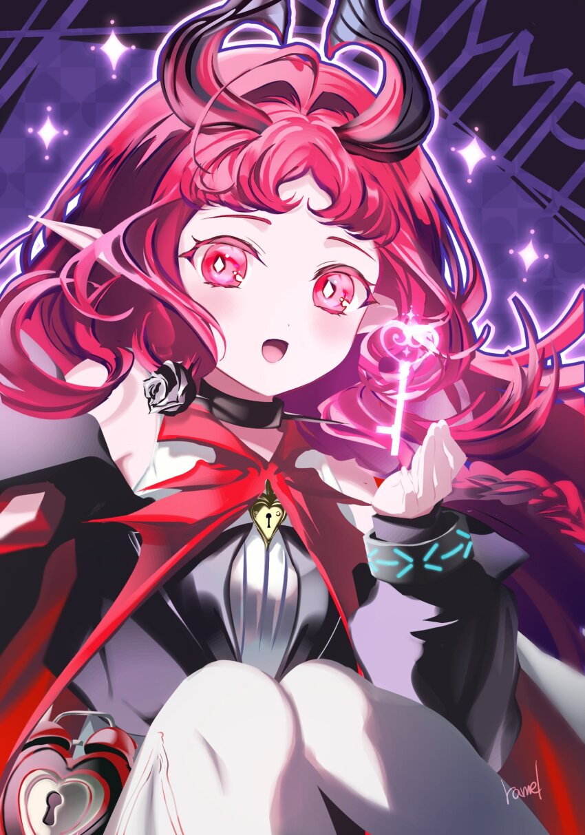 1girl :d arknights artist_name bare_shoulders black_jacket blush bright_pupils character_name commentary highres infection_monitor_(arknights) jacket jewelry keyhole locket long_hair long_sleeves looking_at_viewer magic nymph_(arknights) open_mouth pantyhose pendant pink_eyes pink_hair pointy_ears purple_background ramel signature smile solo sparkle white_pantyhose white_pupils