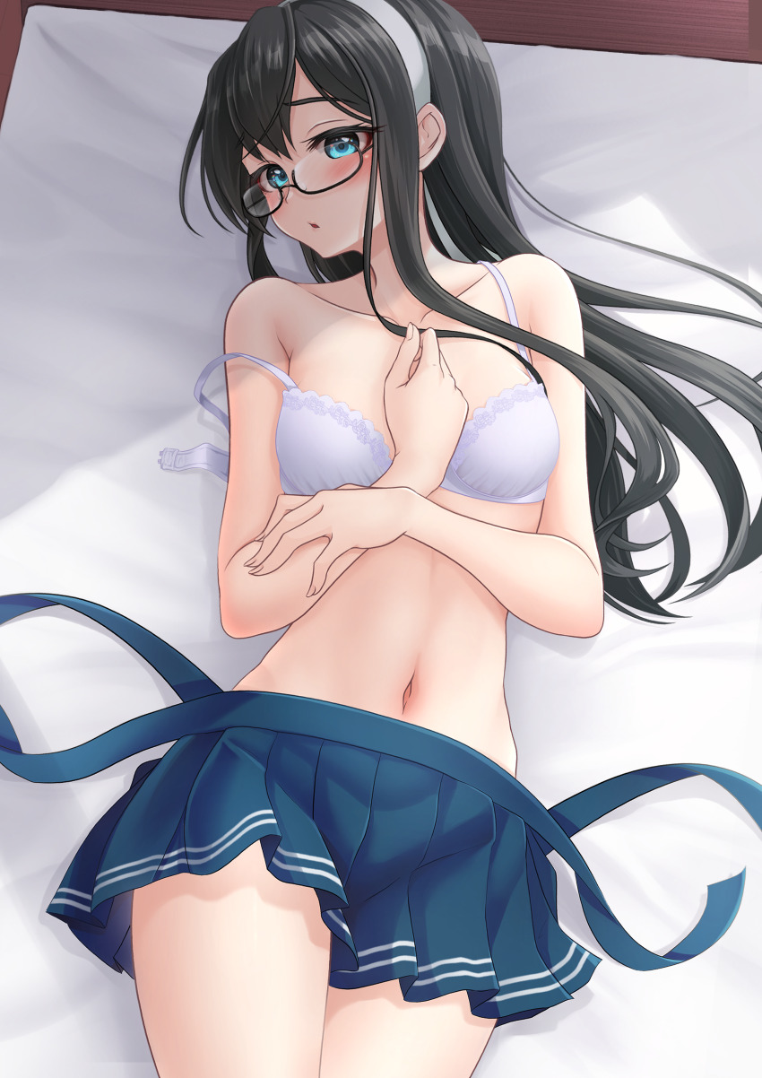 1girl absurdres bed_sheet black_hair blue_eyes blue_skirt bra breasts commentary_request glasses hair_between_eyes hairband highres kantai_collection long_hair lying makura_(y_makura) navel on_back on_bed ooyodo_(kancolle) overall_skirt parted_lips pleated_skirt purple_bra semi-rimless_eyewear sidelocks skirt small_breasts solo strap_slip under-rim_eyewear underwear