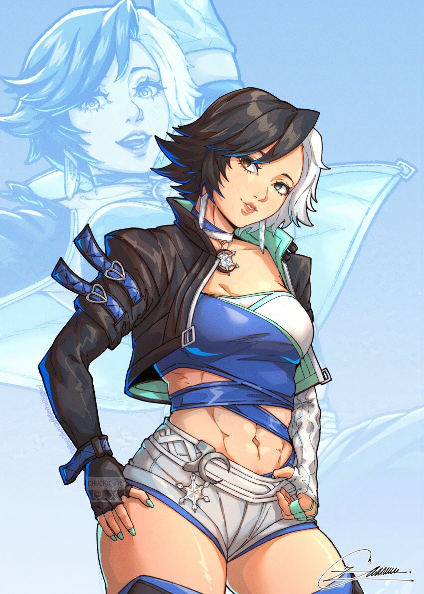 1girl abs black_hair black_jacket blue_eyes breasts choker chuckuddin crop_top fingerless_gloves gloves heterochromia highres jacket looking_at_viewer luna_snow marvel marvel_rivals multicolored_hair navel short_hair shorts smile solo split-color_hair two-tone_hair white_hair