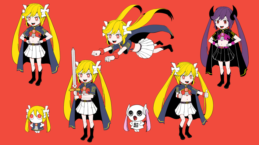 1girl :d :o aimaina ascot belt belt_buckle black_belt black_boots black_cape black_shirt black_skirt blonde_hair blue_cape blue_shirt boots buckle cape choushujinnkou_(vocaloid) crop_top cross-shaped_pupils deformed demon_horns dot_nose double_thumbs_up doushite-chan emblem evil_smile fangs flat_chest floating_cape floating_hair flying full_body hair_ornament hands_on_own_hips hatsune_miku highres horns long_hair looking_at_viewer midriff multiple_views navel no_mouth official_art open_mouth pink_hair pinocchio-p pleated_skirt purple_belt purple_hair purple_wrist_cuffs red_background red_eyes red_wrist_cuffs ringed_eyes shirt skirt smile standing symbol-shaped_pupils thumbs_up very_long_hair vocaloid white_ascot white_skirt wrist_cuffs