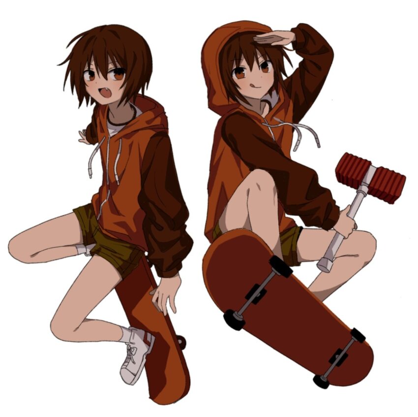 1boy brown_eyes brown_hair debakshotgun0 fang green_shorts gwak_jun-hyeong highres holding hood hood_up hoodie jacket long_sleeves looking_at_viewer multiple_views open_mouth orange_jacket shirt shoes short_hair shorts simple_background skateboard smile sneakers socks tongue tongue_out white_background white_shirt zombie_high_school