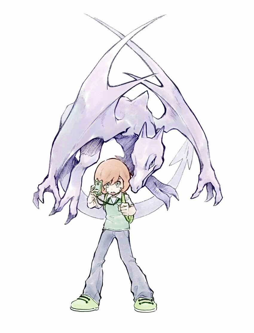 1boy absurdres aerodactyl backpack bag collared_shirt commentary gen_1_pokemon green_bag green_shoes green_vest grey_pants highres holding legs_apart male_focus nintendo open_mouth orange_hair pants pokemon pokemon_(creature) pokemon_xy shirt shoes short_hair simple_background standing symbol-only_commentary tan_carbonnn trevor_(pokemon) vest white_background white_shirt