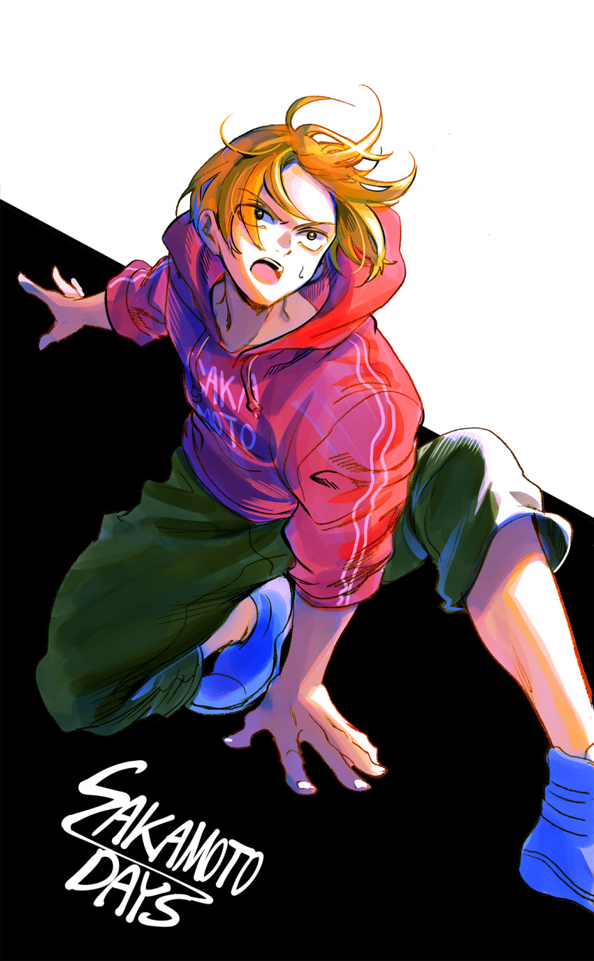 1boy :o bae_(baebae) black_background blonde_hair blue_shoes brown_eyes copyright_name full_body green_pants highres hood hood_down hoodie male_focus pants red_hoodie sakamoto_days shin_(sakamoto_days) shoes sneakers solo sweatdrop two-tone_background white_background