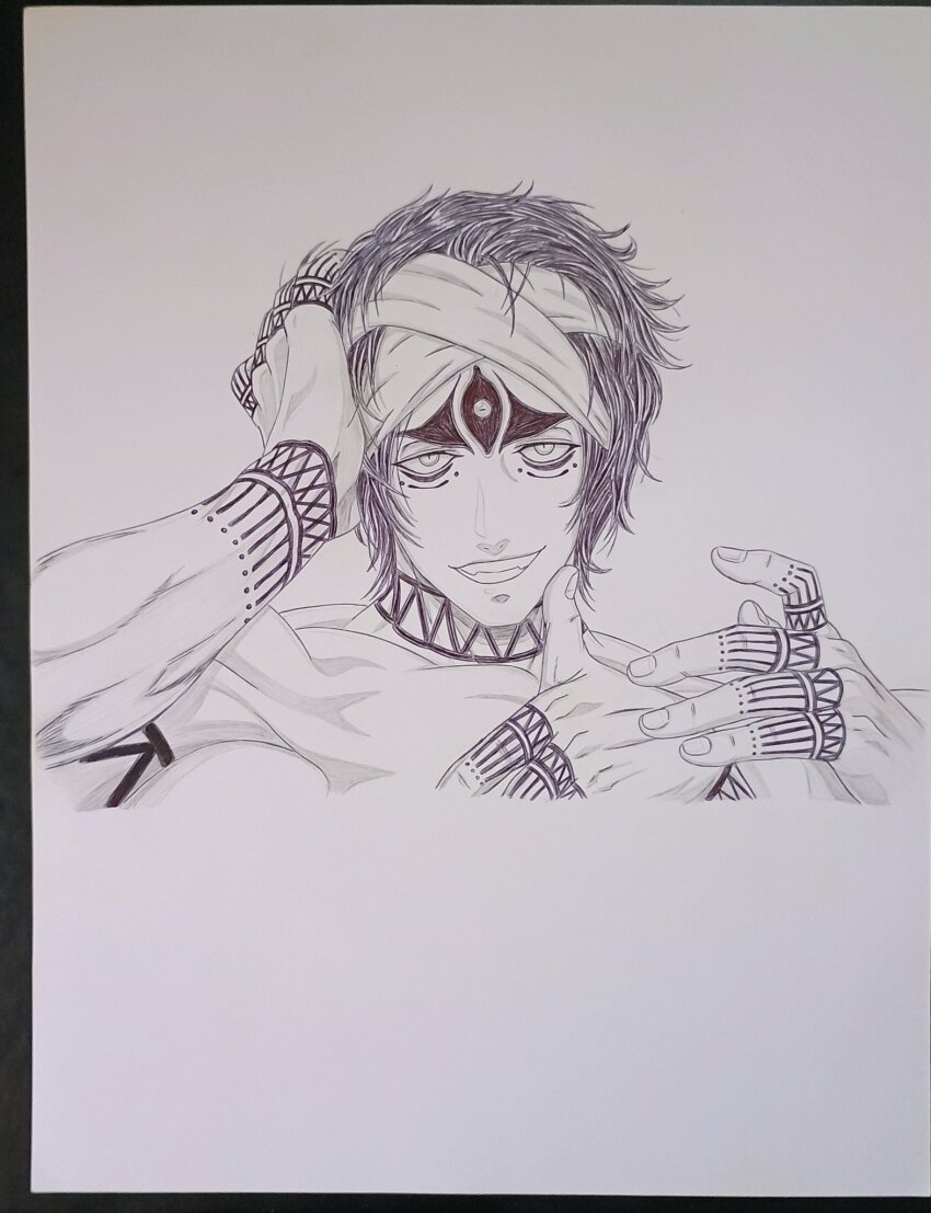 1boy arm_tattoo bandana cropped_torso extra_arms extra_eyes facing_viewer finger_on_cheek finger_tattoo greyscale grin hand_on_own_head hands_up highres looking_at_viewer male_focus monochrome multiple_eyes muscular muscular_male shirtless_male shiva_(shuumatsu_no_valkyrie) short_hair shuumatsu_no_valkyrie smile smug solo tattoo teeth thick_eyebrows third_eye toned toned_male topless_male upper_body wrist_tattoo