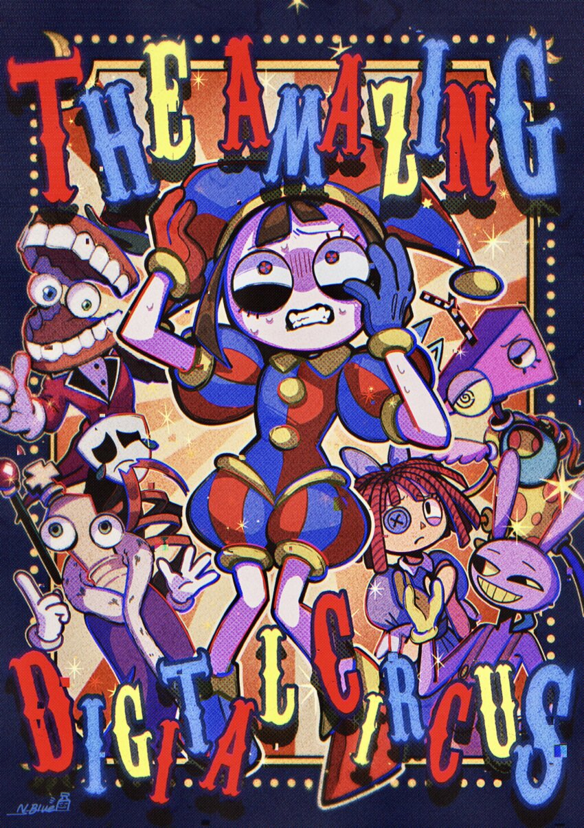 3girls 4boys absurdres brown_hair caine_(the_amazing_digital_circus) chess_piece clenched_teeth commentary_request copyright_name detached_eyes fur-trimmed_robe fur_trim gangle_(the_amazing_digital_circus) googly_eyes hands_on_own_head highres jax_(the_amazing_digital_circus) kinger_(the_amazing_digital_circus) multiple_boys multiple_girls natchan_blue_(nanairopenki) pomni_(the_amazing_digital_circus) puffy_short_sleeves puffy_sleeves purple_robe ragatha_(the_amazing_digital_circus) robe short_hair short_sleeves signature smile sweat teeth the_amazing_digital_circus zooble_(the_amazing_digital_circus)