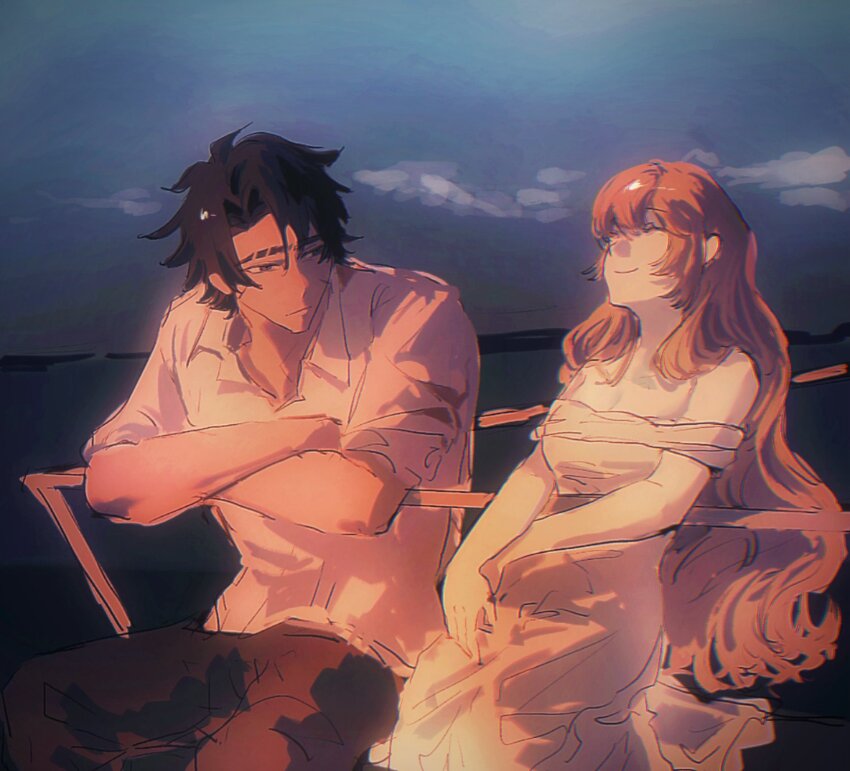 1boy 1girl black_pants brown_hair catherine_(project_moon) closed_eyes closed_mouth cowboy_shot crossed_arms dress heathcliff_(project_moon) highres limbus_company ling_zhiyun long_hair off-shoulder_dress off_shoulder outdoors pants project_moon shirt short_sleeves sidelocks sitting smile twilight white_dress white_shirt