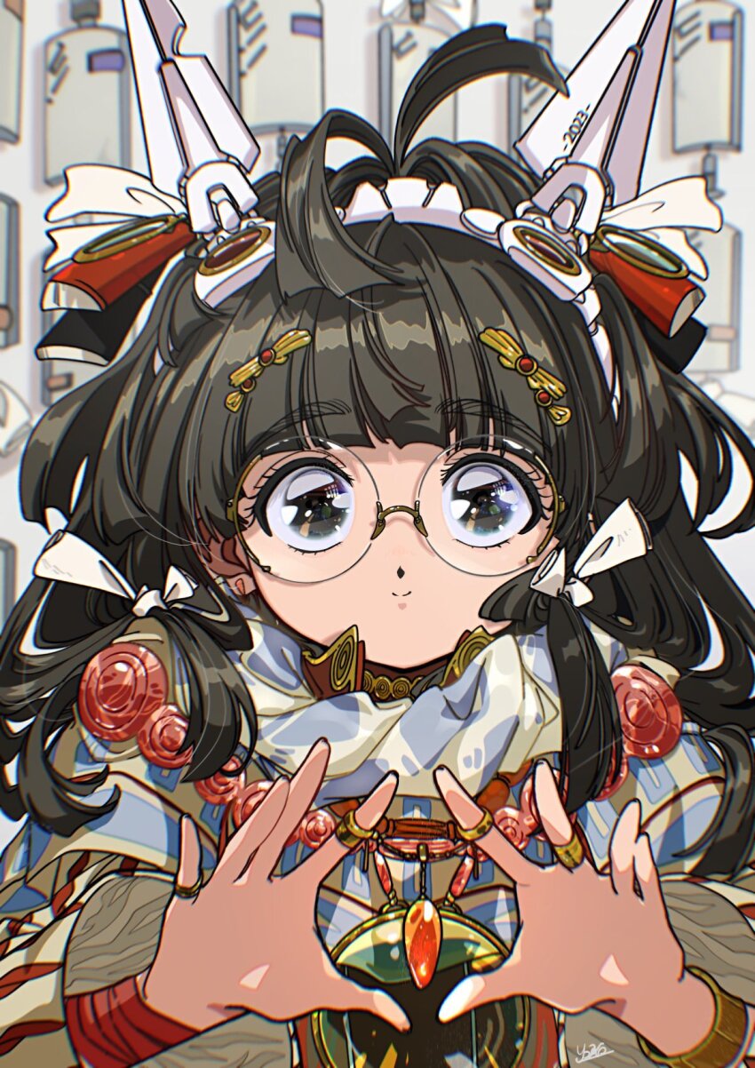1990s_(style) 1girl 2023 ahoge animal_ear_hairband animal_ears antenna_hair bracelet brown_hair earrings fake_animal_ears glasses gold_bracelet gold_ring hair_ornament hair_ribbon hairband hairclip headband highres jewelry long_hair looking_at_viewer mecha_on_girl open_hand original outstretched_hand rabbit_ear_hairband rabbit_ears retro_artstyle ribbon smile sparkling_eyes thick_eyebrows white_headdress yellow-framed_eyewear yo-co