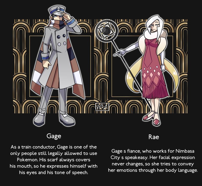 1920s_(style) 1boy 1girl asymmetrical_hair buttons coat english_text feather_boa flapper_girl fluorart grey_coat grey_footwear grey_hair grey_pants highres microphone nintendo original pants pokemon pokemon_legends:_arceus scarf vintage_microphone