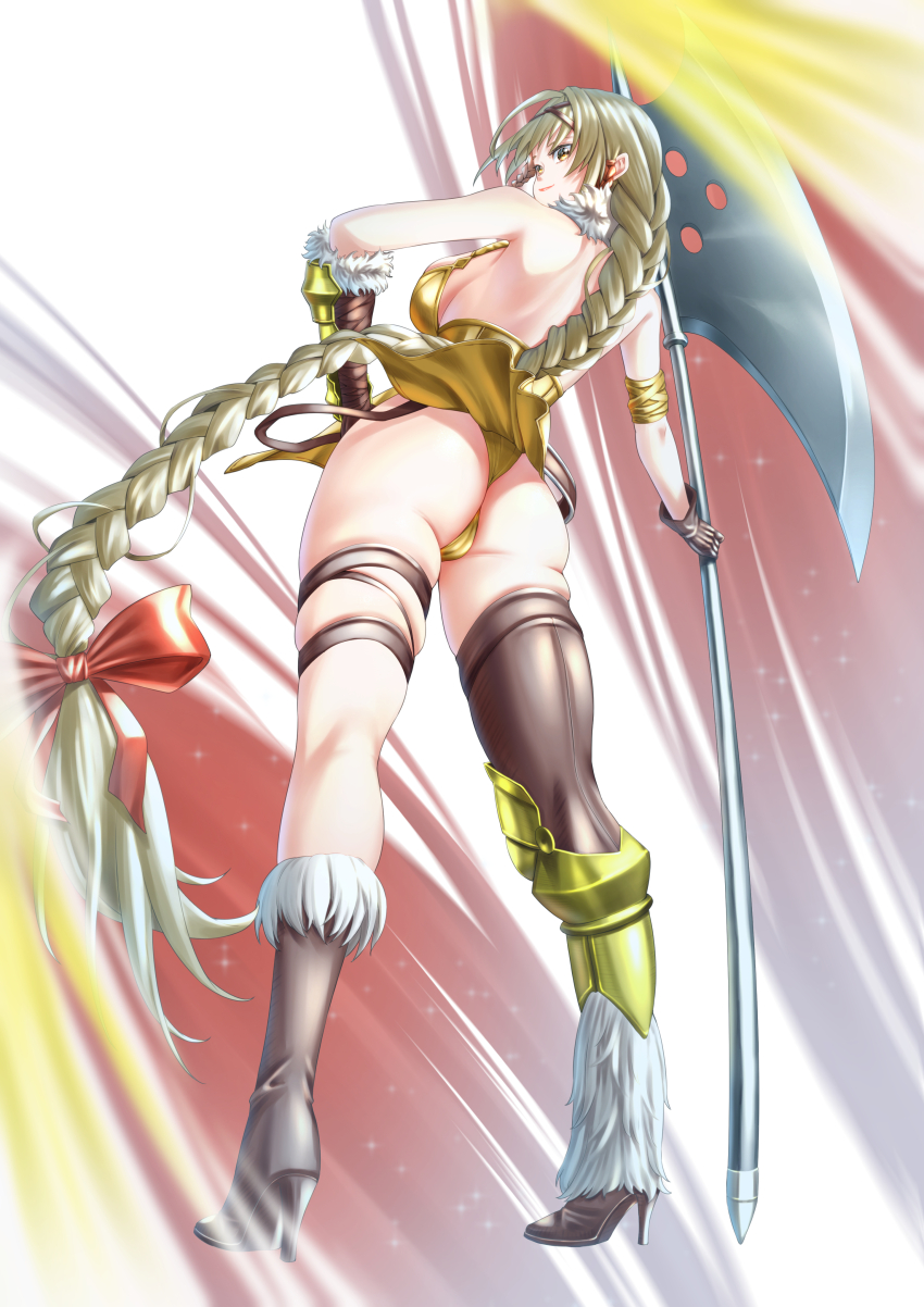 1girl absurdres armband armor ass asymmetrical_gloves asymmetrical_legwear axe beatrice_(brown_dust) blonde_hair braid braided_ponytail breasts brown_dust_(series) brown_dust_2 brown_gloves dress from_behind from_below full_body gauntlets gloves greaves hair_ribbon hand_on_own_hip high_heels highres hitpig holding holding_axe huge_weapon large_breasts light_smile long_hair looking_back red_ribbon ribbon single_gauntlet single_greave skindentation solo stiletto_heels thigh_strap very_long_hair weapon yellow_dress yellow_eyes