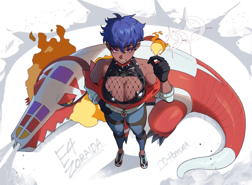 1girl black_sclera blue_hair breasts colored_sclera crocodilian dark-skinned_female dark_skin fire highres large_breasts mole mole_under_eye mole_under_mouth multiple_moles nintendo nyantcha open_mouth original pixie_cut pokemon pokemon_(creature) purple_eyes short_hair skeledirge tomboy very_dark_skin yellow_eyes zoraida_(nyantcha)