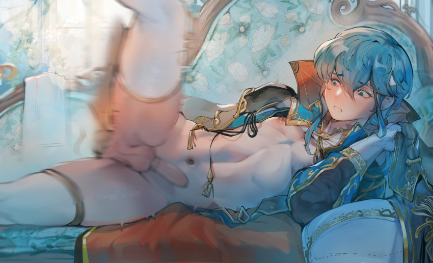 1boy absurdres anal arm_behind_back blue_eyes blue_hair blush borrowed_clothes byefrog cape cock_ring commentary constricted_pupils couch english_commentary erection fire_emblem fire_emblem:_genealogy_of_the_holy_war foreskin from_side gloves hair_between_eyes highres invisible_man leg_up long_hair looking_to_the_side male_focus motion_blur motion_lines navel nintendo nose_blush nude on_couch open_clothes open_mouth penis popped_collar puffy_nipples raised_eyebrows red_cape seliph_(fire_emblem) sex sex_toy shiny_skin skindentation testicles thighhighs thighs trap variant_set white_gloves white_thighhighs yaoi