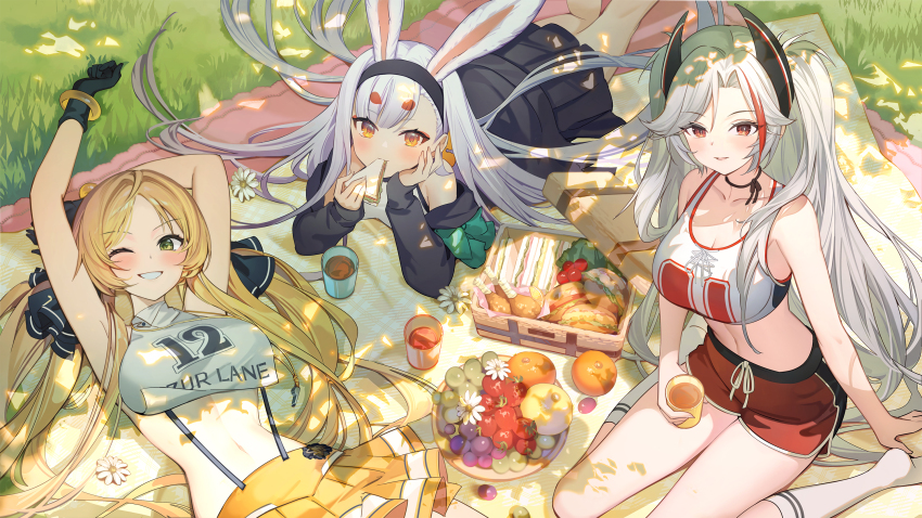3girls animal_ears arm_behind_head arms_up artist_request azur_lane black_choker black_jacket black_ribbon black_skirt blonde_hair breasts brown_eyes burger chicken_(food) chicken_leg chinese_commentary choker cleavage clothes_writing commentary_request crop_top cross-laced_clothes cup dappled_sunlight day drink eating feet_out_of_frame flower food fruit grapes grass green_eyes grey_hair grin hair_ornament hair_ribbon hand_on_own_cheek hand_on_own_face highres hikimayu holding holding_cup holding_drink holding_food holding_sandwich hornet_(azur_lane) hornet_(cheering_justice!)_(azur_lane) jacket kneehighs large_breasts long_hair looking_at_viewer lying midriff multicolored_hair multiple_girls navel official_alternate_costume official_art on_back on_stomach one_eye_closed orange_(fruit) outdoors picnic picnic_basket picnic_blanket pleated_skirt prinz_eugen_(azur_lane) prinz_eugen_(brilliant_touchdown)_(azur_lane) rabbit_ears rabbit_girl red_shorts ribbon sandwich second-party_source shimakaze_(azur_lane) shorts sitting skirt sleeveless smile socks strawberry streaked_hair sunlight suspender_skirt suspenders twintails two_side_up very_long_hair wariza white_flower white_hair white_socks yellow_eyes yellow_skirt