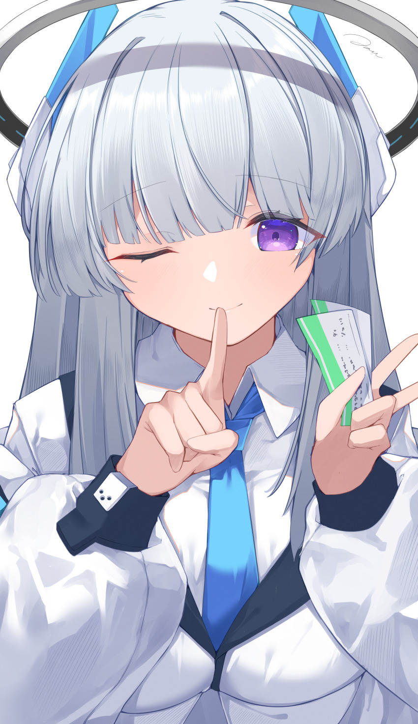 1girl ;) absurdres blazer blue_archive blue_necktie blunt_bangs choppy_bangs colored_lapels commentary_request dress_shirt finger_to_mouth grey_hair halo headgear highres holding holding_ticket index_finger_raised jacket jam_(jamjam777) long_hair long_sidelocks long_sleeves looking_at_viewer mechanical_halo necktie noa_(blue_archive) one_eye_closed puffy_long_sleeves puffy_sleeves purple_eyes shirt shushing sidelocks simple_background smile solo ticket upper_body v white_background white_jacket white_shirt