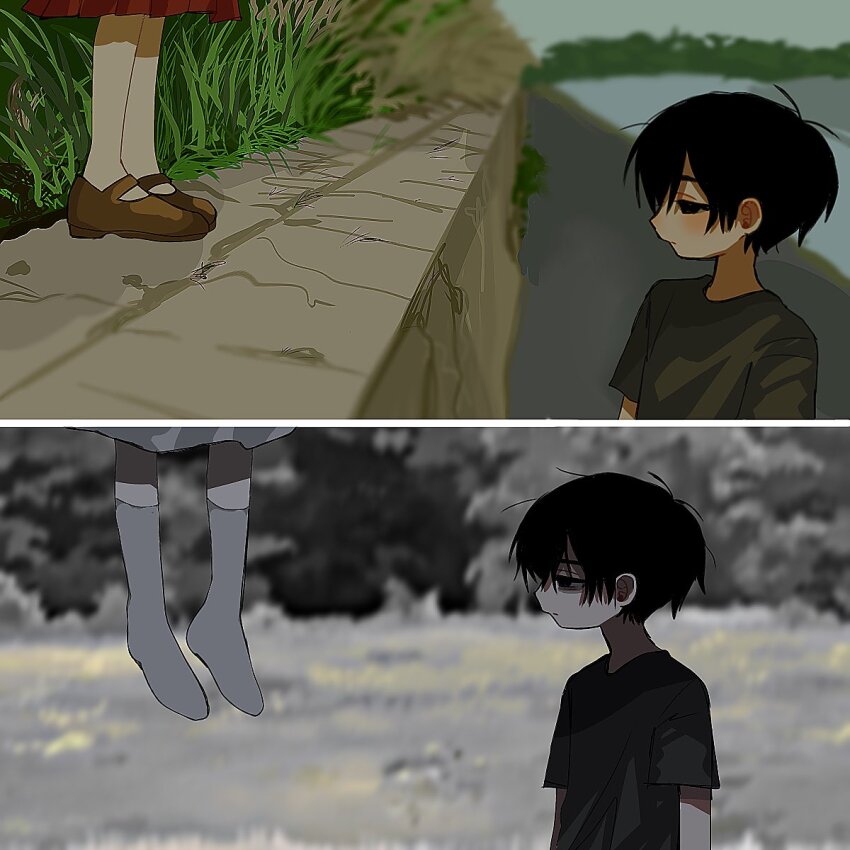 1boy 1girl black_eyes black_hair black_shirt brother_and_sister highres jojo_rabbit kobanzame_omo mari_(faraway)_(omori) mari_(omori) omori pleated_skirt red_skirt shirt short_hair short_sleeves siblings skirt socks spoilers suicide sunny_(omori) t-shirt white_socks