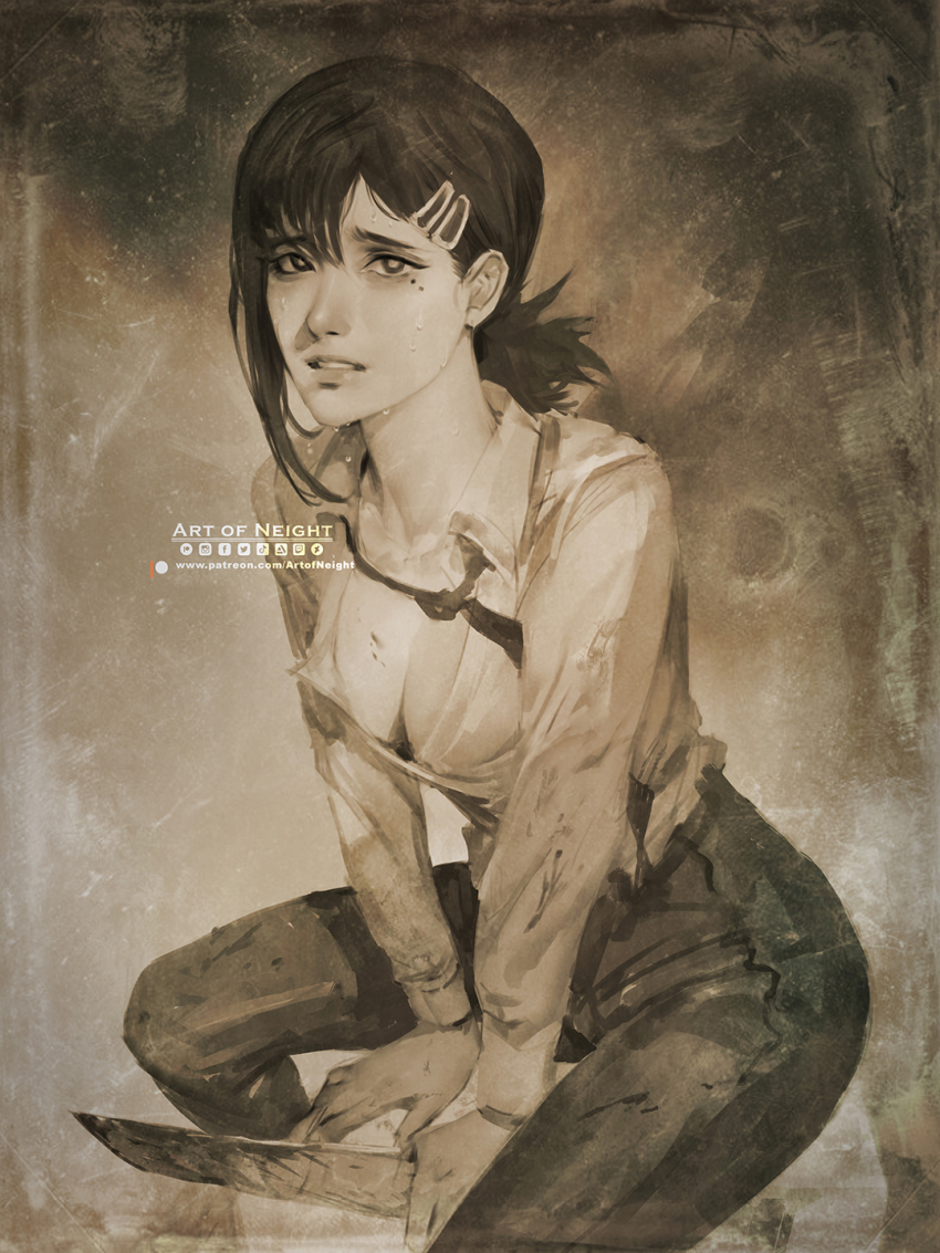 1girl art_of_neight between_legs black_hair black_necktie black_pants blood blood_on_breasts blood_on_clothes bloody_weapon breasts chainsaw_man cleavage collared_shirt frown hair_ornament hairclip hand_between_legs higashiyama_kobeni highres holding holding_knife knife looking_at_viewer medium_breasts medium_hair mole mole_under_eye necktie nervous_sweating open_clothes pants partially_unbuttoned ponytail sad shirt short_ponytail single_sidelock sitting solo sweat teeth twitter_logo weapon white_shirt