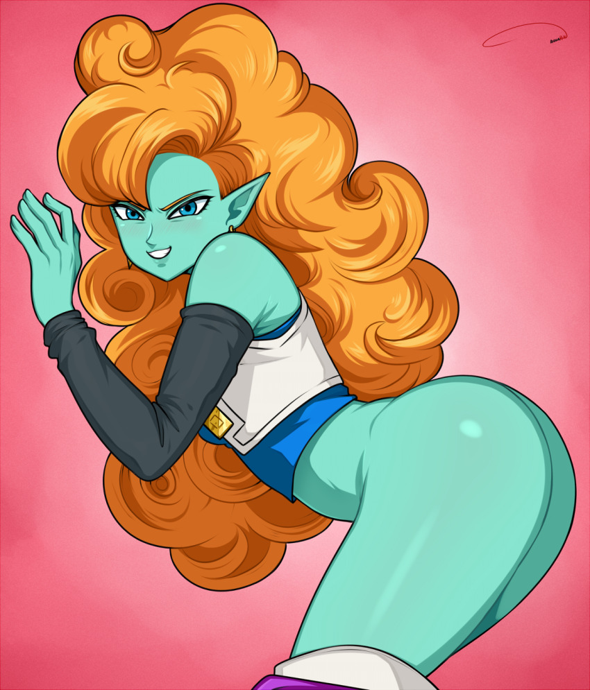 1girl against_wall aldharoku alien artist_name ass bare_shoulders black_sleeves blue_eyes blue_shirt bottomless breasts clothes_pull colored_skin detached_sleeves dragon_ball dragonball_z earrings eyebrows eyelashes feet_out_of_frame female_focus from_side green_skin grin highres huge_ass jewelry leaning_forward long_hair looking_at_viewer looking_to_the_side orange_hair pants pants_pull pink_background pointy_ears purple_pants shirt simple_background small_breasts smile solo standing teeth vest wavy_hair white_vest zangya