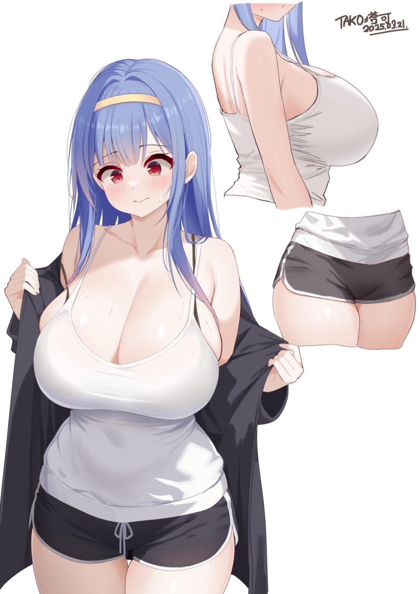 1girl artist_name bare_shoulders black_bra black_jacket black_shorts blue_hair blush bra bra_strap breasts bursting_breasts camisole chinese_text cleavage closed_mouth collarbone covered_navel cowboy_shot cropped_torso curvy dated dolphin_shorts from_side gradient_background gradient_hair grey_background hairband highres huge_breasts ineedu041_tako jacket jacket_partially_removed long_hair looking_down multicolored_hair multiple_views original pink_hair red_eyes removing_jacket short_shorts shorts solo spaghetti_strap standing straight_hair strap_gap strap_slip sweat thigh_gap underwear wavy_mouth weight_conscious white_background white_camisole yellow_hairband