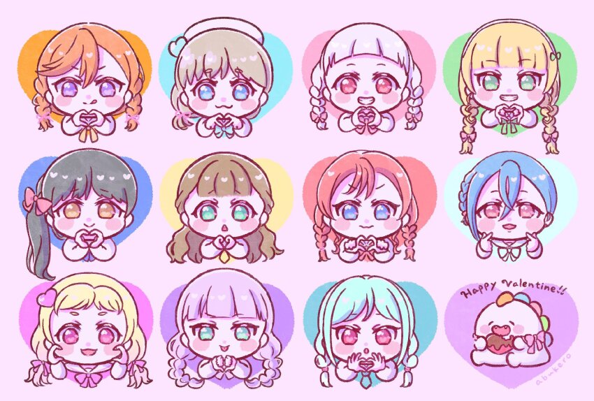 6+girls :&lt; :3 :d :o :p :q abukero aqua_eyes aqua_hair arashi_chisato arched_bangs artist_name black_hair blonde_hair blue_bow blue_bowtie blue_eyes blue_hair blue_ribbon blunt_bangs blush_stickers bow bowtie braid braided_twintails brown_hair center-flap_bangs circle_hands closed_mouth commentary dinosaur double_finger_heart eating fangs finger_heart gradient_hair green_eyes green_ribbon grey_hair grin hair_between_eyes hair_bow hair_ornament hair_ribbon happy_valentine hazuki_ren heanna_sumire heart heart_hair_ornament heart_hands highres long_sleeves love_live! love_live!_superstar!! low_twin_braids low_twintails multicolored_hair multiple_girls neck_ribbon necktie onitsuka_natsumi onitsuka_tomari open_mouth orange_hair orange_ribbon pink_bow pink_eyes pink_hair pink_ribbon purple_eyes red_bow red_eyes red_hair red_ribbon ribbon sakurakoji_kinako shibuya_kanon side_braid side_ponytail smile split_mouth symbol-only_commentary tang_keke teeth tongue tongue_out triangle_mouth twin_braids twintails upper_teeth_only v-shaped_eyebrows wakana_shiki wavy_mouth white_hair wien_margarete yellow_eyes yellow_necktie yoneme_mei yuigao