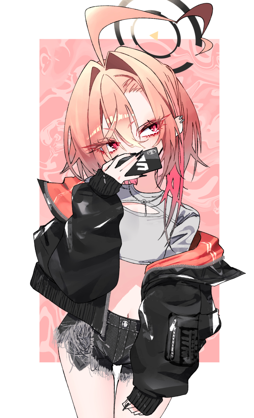 1girl ahoge alternate_costume black_coat black_nails black_shorts blue_archive cellphone coat covering_own_mouth crop_top cutoffs denim denim_shorts earrings fingernails flat_chest grey_shirt gyaru hair_between_eyes hair_over_shoulder halo high-waist_shorts highres holding holding_phone huge_ahoge jewelry long_fingernails medium_hair millennium_science_school_logo mo2upoyo navel necklace neru_(blue_archive) off-shoulder_coat off_shoulder open_clothes open_coat orange_hair phone pink_background red_eyes shirt short_shorts shorts slit_pupils smartphone solo standing thigh_gap