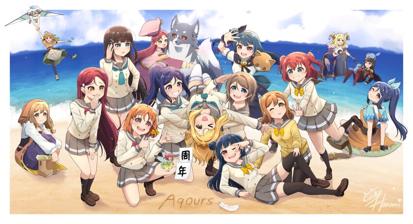 6+girls :d absurdres animal animal_hug artist_name beach black_hair blonde_hair blue_hair blunt_bangs blush bow bowtie brown_hair buttons chika_(genjitsu_no_yohane) cloud commentary_request dark_blue_hair demon_girl demon_horns dia_(genjitsu_no_yohane) dog double-breasted dual_persona everyone flying genjitsu_no_yohane green_neckerchief grey_sailor_collar grey_skirt hair_bun hanamaru_(genjitsu_no_yohane) highres horns husky kanan_(genjitsu_no_yohane) knees_up kunikida_hanamaru kurosawa_dia kurosawa_ruby lailaps_(genjitsu_no_yohane) legs long_hair long_sleeves love_live! love_live!_sunshine!! lying mari_(genjitsu_no_yohane) matsuura_kanan miniskirt multiple_girls neckerchief ocean ohara_mari on_back on_side open_mouth orange_hair pleated_skirt red_bow red_bowtie red_hair riko_(genjitsu_no_yohane) ruby_(genjitsu_no_yohane) sailor_collar sakurauchi_riko sand_writing school_uniform serafuku shirt short_hair signature single_side_bun sitting ska.harumi skirt smile takami_chika tsushima_yoshiko uranohoshi_school_uniform watanabe_you white_shirt winter_uniform yellow_bow yellow_bowtie yohane_(genjitsu_no_yohane) you_(genjitsu_no_yohane)
