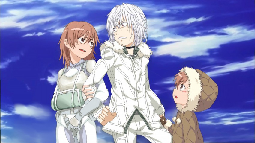 2girls accelerator_(toaru_majutsu_no_index) accelerator_family bad_id bad_pixiv_id blush_stickers brown_eyes brown_hair cast choker coat crutch formal_clothes karaage_dorobou last_order_(toaru_majutsu_no_index) misaka_worst multiple_girls parody ponytail red_eyes suit toaru_majutsu_no_index toaru_majutsu_no_index:_old_testament white_hair