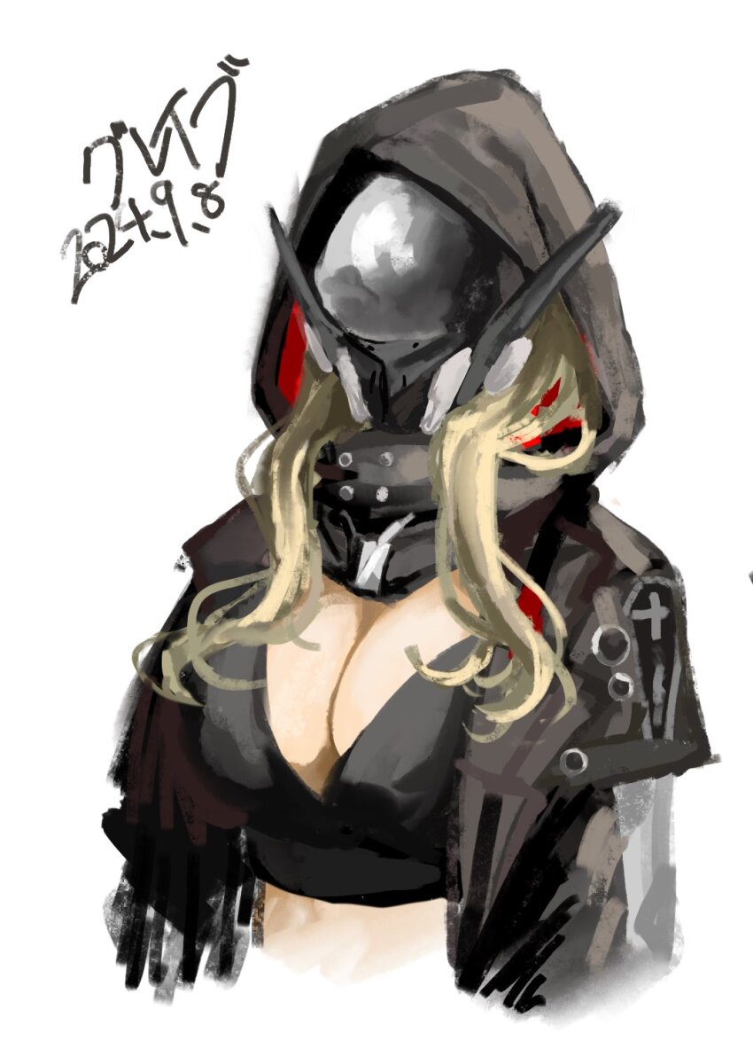 1girl bibie307 breasts cleavage cross dated dog_tags goddess_of_victory:_nikke grave_(nikke) highres hood mask short_twintails signature simple_background solo sports_bra twintails upper_body white_background