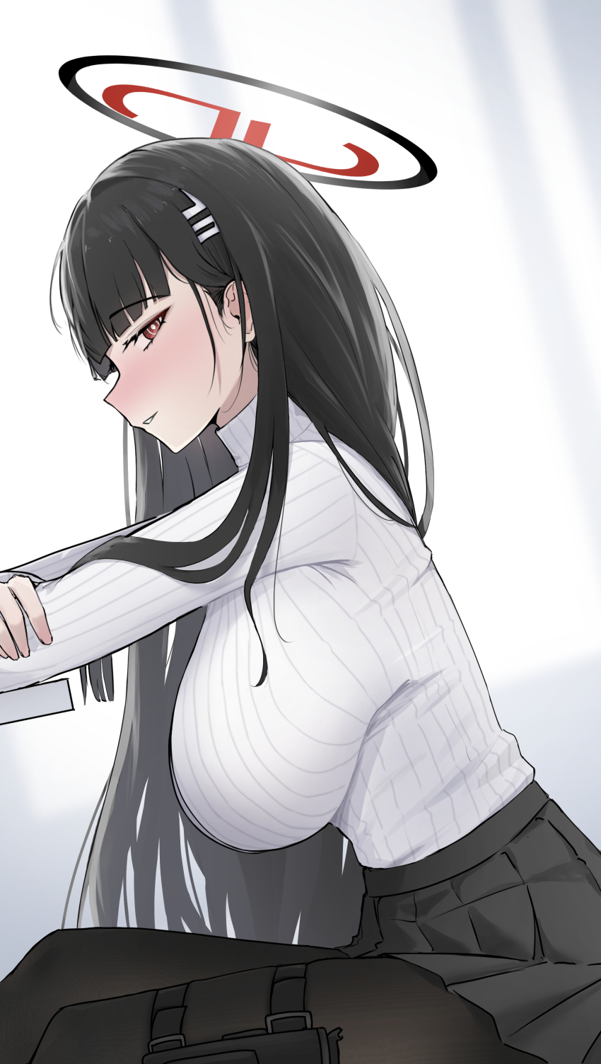 1girl absurdres black_hair black_pantyhose black_skirt blue_archive blush breasts commentary dutch_angle from_side guwall hair_ornament halo highres large_breasts leaning_forward long_hair long_sleeves looking_at_viewer miniskirt pantyhose parted_lips pleated_skirt pouch red_eyes red_halo ribbed_sweater ringed_eyes rio_(blue_archive) skirt solo sweater teeth thigh_pouch turtleneck turtleneck_sweater white_background white_sweater