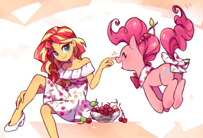 1girl :d ^_^ animal bare_shoulders blonde_hair blue_eyes bow bowl cherry cherry_hair_ornament cherry_print chromatic_aberration closed_eyes closed_mouth commentary cutie_mark dress earrings english_commentary finger_to_another&#039;s_nose food food-themed_hair_ornament food_print foot_out_of_frame frilled_dress frills fruit fruit_print hair_behind_ear hair_ornament happy high_heels jewelry jumblehorse knee_up leaf long_hair looking_at_animal medium_dress multicolored_hair my_little_pony my_little_pony:_equestria_girls my_little_pony:_friendship_is_magic off-shoulder_dress off_shoulder open_mouth orange_background pink_hair pinkie_pie pony_(animal) red_hair shoes sideways_glance simple_background smile streaked_hair sunset_shimmer sunset_shimmer_(human) tail tail_bow tail_ornament two-tone_background two-tone_hair white_background white_bow white_dress white_shoes