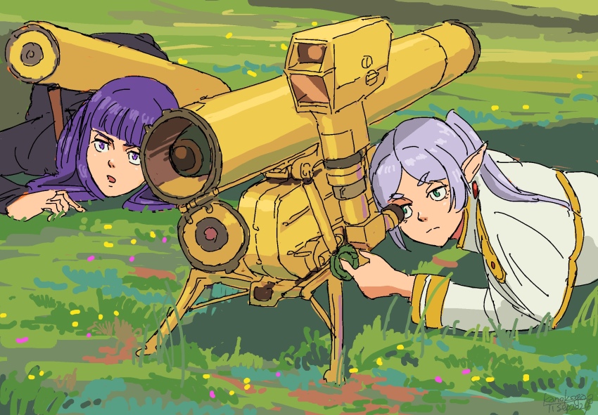 2girls 9m113_konkurs anachronism blunt_bangs capelet closed_mouth contemporary earrings elf fern_(sousou_no_frieren) frieren grass green_eyes highres jewelry kanokoga long_hair looking_through_scope lying multiple_girls oekaki on_stomach open_mouth parted_bangs pointy_ears purple_eyes purple_hair rocket_launcher sousou_no_frieren twintails weapon white_capelet white_hair
