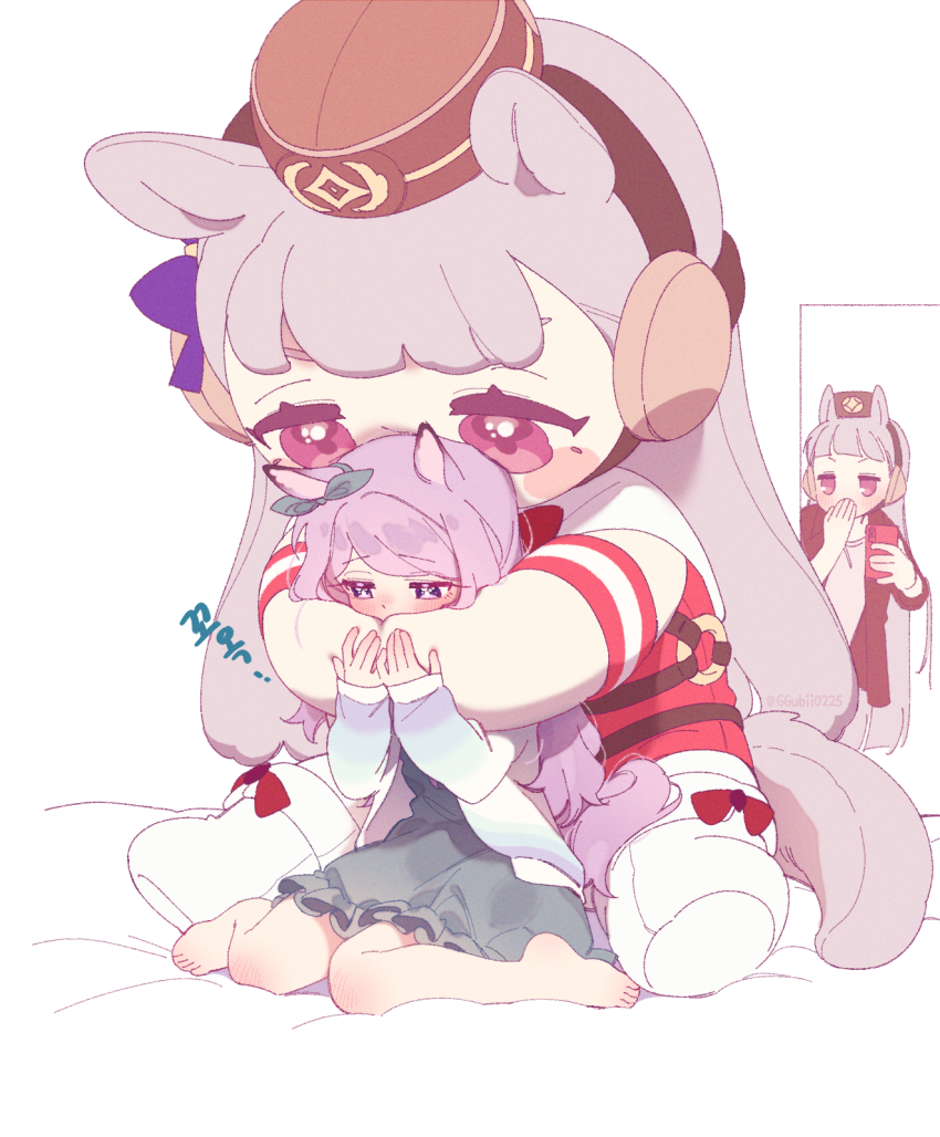 2girls animal_ears bare_legs barefoot blush cellphone character_doll commentary covered_mouth covering_own_mouth doll doqute_stuffed_doll dress earmuffs ggubii0225 gold_ship_(umamusume) green_dress grey_hair highres holding holding_phone horse_ears horse_girl horse_tail jacket looking_at_another looking_down mejiro_mcqueen_(umamusume) multiple_girls oversized_object phone purple_hair red_jacket sitting tail toes umamusume wariza white_jacket