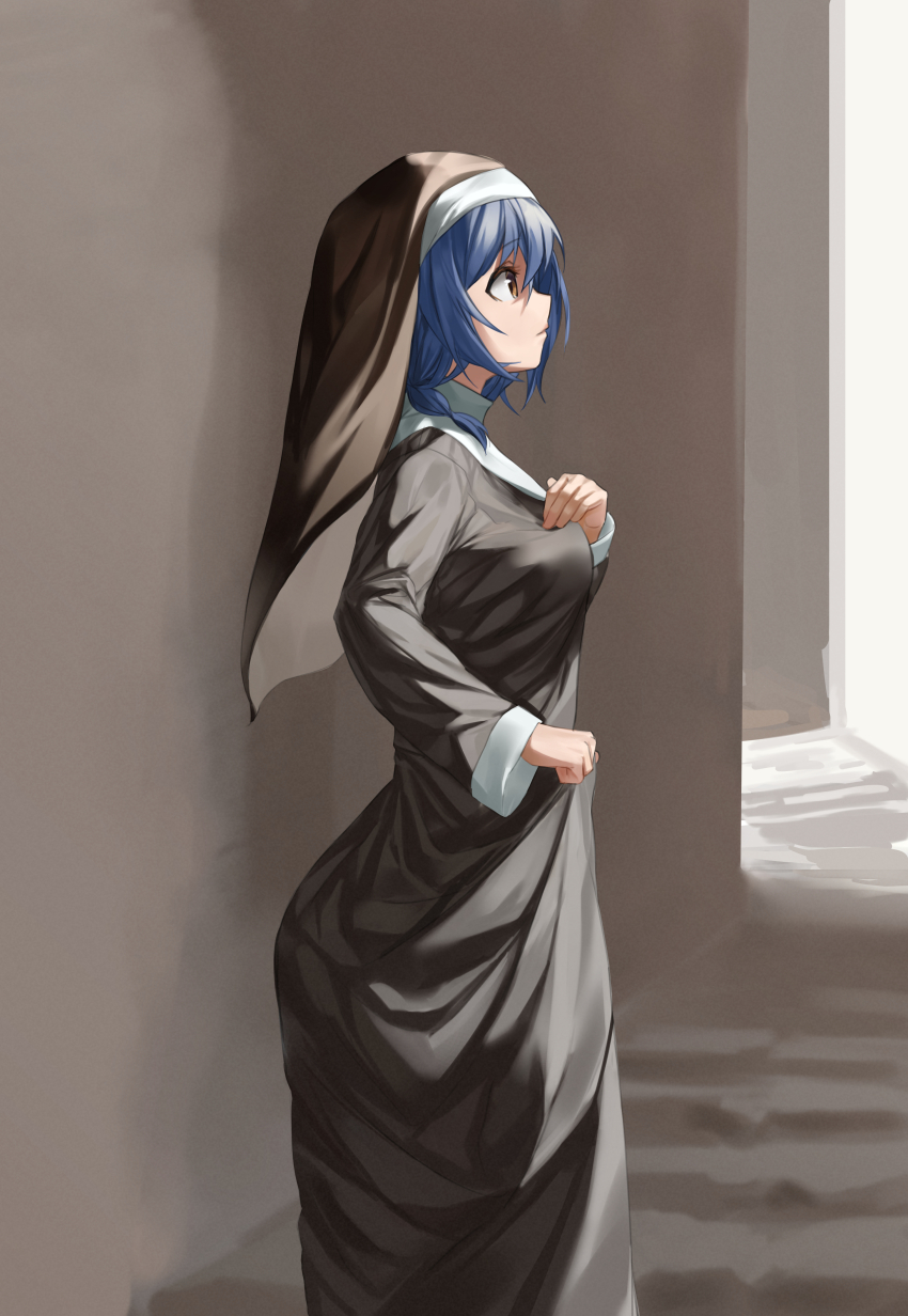 1girl absurdres alternate_costume black_robe black_veil blue_hair braid breasts clenched_hand closed_mouth floor from_side furutani_himawari hair_between_eyes hand_on_own_chest highres keibi_inu large_breasts long_sleeves looking_up low_twin_braids medium_hair nun robe simple_background sleeves_rolled_up solo standing stone_wall traditional_nun twin_braids veil wimple yellow_eyes yuruyuri