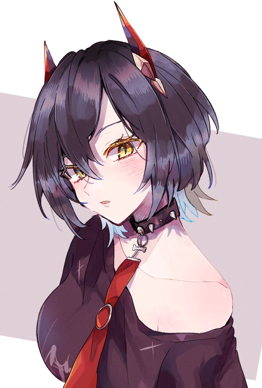 1girl azur_lane black_collar black_hair black_shirt blue_hair blush collar hair_between_eyes highres horns leash light_blue_hair looking_at_viewer misha_(ohds101) multicolored_hair off-shoulder_shirt off_shoulder parted_lips red_horns shirt short_hair simple_background slit_pupils solo spiked_collar spikes streaked_hair ulrich_von_hutten_(azur_lane) upper_body yellow_eyes