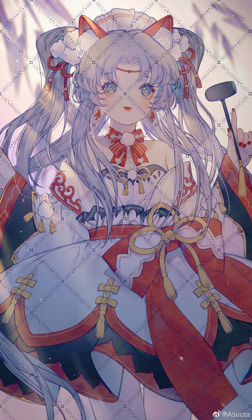 1girl animal_ear_fluff animal_ears aqua_eyes asuuta bare_shoulders blunt_bangs bow bowtie chinese_commentary closed_mouth collar commentary_request cowboy_shot day detached_collar detached_sleeves dress earrings eyelashes flower flower_earrings flower_knot fox_ears grey_hair hair_ornament hair_ribbon hammer highres holding holding_hammer jewelry light_blush light_particles light_rays lipstick long_hair long_sidelocks long_sleeves makeup nail_polish original outdoors parted_bangs pleated_dress pom_pom_(clothes) pom_pom_hair_ornament red_bow red_bowtie red_collar red_flower red_lips red_nails red_ribbon ribbon ribbon-trimmed_dress ribbon_trim short_dress sidelocks smile solo standing striped_bow sunlight tareme thighs tulip two_side_up very_long_hair waist_bow waist_ribbon watermark watermark_grid weibo_watermark white_dress white_sleeves wide_sleeves willow yellow_ribbon