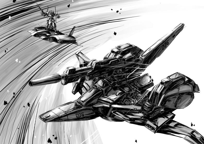 absurdres aircraft beam_rifle commentary_request energy_gun gundam highres hyaku_shiki machinery mecha mecha_focus military mobile_suit monochrome no_humans riding robot science_fiction spacecraft starfighter wave_rider weapon zandan_zero_to_na!? zeta_gundam zeta_gundam_(mobile_suit)