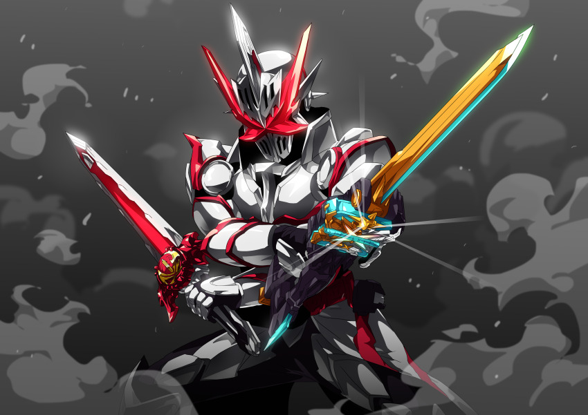 1boy absurdres armor asymmetrical_dual_wielding belt cowboy_shot dual_wielding elbow_spikes fake_horns fighting_stance gauntlets helmet highres holding holding_sword holding_weapon horned_helmet horns kaenken_rekka kamen_rider kamen_rider_saber kamen_rider_saber_(series) kamen_rider_saber_draconic_knight kamen_rider_saikou kougouken_saikou male_focus otokamu red_eyes shoulder_armor shoulder_spikes single_horn solo spiked_armor spiked_gauntlets spiked_helmet spikes standing sword tokusatsu visor_(armor) weapon white_armor