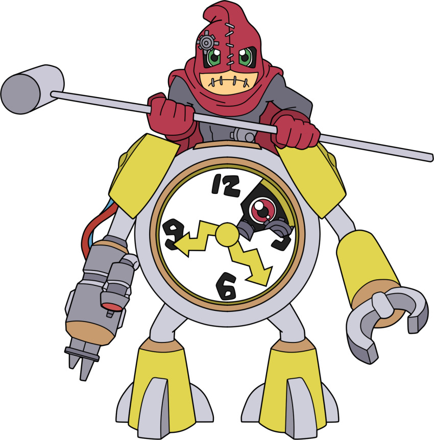 1boy clock clockmon digimon digimon_(creature) hammer highres male_focus red_eyes solo