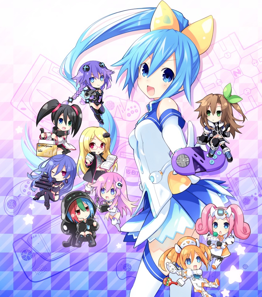 6+girls absurdres bare_shoulders black_hair blonde_hair blue_eyes blue_hair blush bodysuit book boots braid breasts brown_hair chibi choujigen_taisen_neptune_vs_sega_hard_girls earrings gloves green_eyes hair_between_eyes hair_ornament heterochromia highres holding holding_book if_(neptunia) iris_heart jewelry leotard long_hair medium_breasts multiple_girls nepgear neptune_(neptunia) neptune_(series) official_art open_mouth orange_hair orange_heart_(neptunia) pink_hair ponytail power_symbol power_symbol-shaped_pupils purple_eyes purple_hair purple_heart_(neptunia) purple_sister pururut red_eyes sega_dreamcast_(sega_hard_girls) sega_game_gear_(sega_hard_girls) sega_hard_girls sega_hatsumi sega_mega_drive_(sega_hard_girls) sega_saturn_(sega_hard_girls) segami simple_background sitting skirt small_breasts smile standing symbol-shaped_pupils tennouboshi_uzume thigh_boots thighhighs thighs tsunako twin_braids twintails very_long_hair zettai_ryouiki