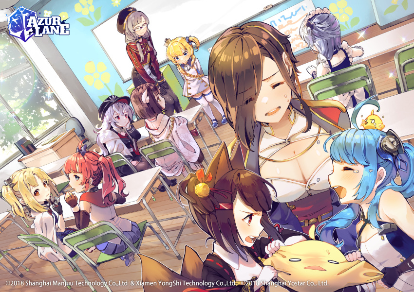 6+girls absurdres aged_down ahoge akagi-chan_(azur_lane) animal_ears ark_royal_(azur_lane) azur_lane belfast_(azur_lane) bell black_pantyhose black_thighhighs breasts chair chalkboard classroom cleavage clevelad_(azur_lane) coat_dress copyright_name desk dress eyes_visible_through_hair fox_ears fox_tail glasses gold_trim hair_bell hair_between_eyes hair_ornament hair_over_one_eye hat hiei-chan_(azur_lane) highres horns indoors koln_(azur_lane) lena_(azur_lane) li&#039;l_sandy_(azur_lane) little_bel_(azur_lane) little_renown_(azur_lane) long_hair manjuu_(azur_lane) multiple_girls nachoz_(nachozart) off_shoulder official_art one_side_up pantyhose peaked_cap school school_chair school_desk sitting tail thighhighs very_long_hair white_legwear zeppy_(azur_lane)