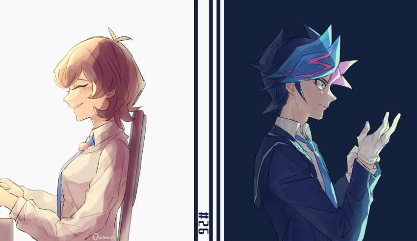 1boy 1girl adjusting_clothes adjusting_gloves ahoge artist_request back-to-back black_jacket blue_background blue_hair blue_necktie blush brown_hair closed_eyes colored_bangs dress_shirt facing_to_the_side fujiki_yusaku gloves green_eyes hand_up happy holding jacket latex latex_gloves looking_to_the_side loose_necktie necktie numbered on_chair open_clothes open_hand open_jacket putting_on_gloves school_uniform serious shirt spiked_hair two-tone_background white_background white_gloves white_shirt wooden_chair wooden_desk yu-gi-oh! yu-gi-oh!_vrains zaizen_aoi