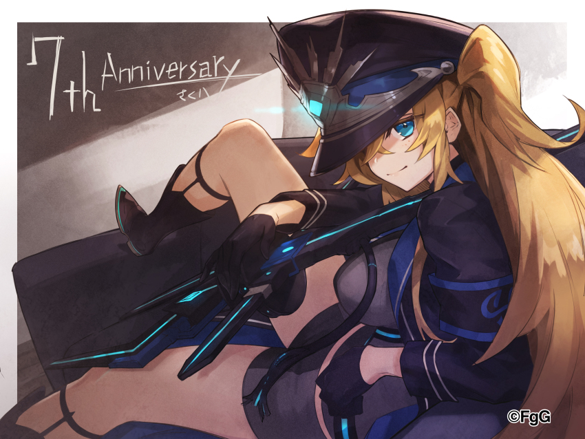 1girl absurdres ancient_killers_(phantom_of_the_kill) aqua_eyes black_boots black_gloves blonde_hair boots breasts closed_mouth couch crossed_bangs gisla_(phantom_of_the_kill) gloves hair_behind_ear hair_between_eyes hat highres holding indoors large_breasts long_hair long_sleeves official_art on_couch phantom_of_the_kill shadow shorts signature sitting smile solo