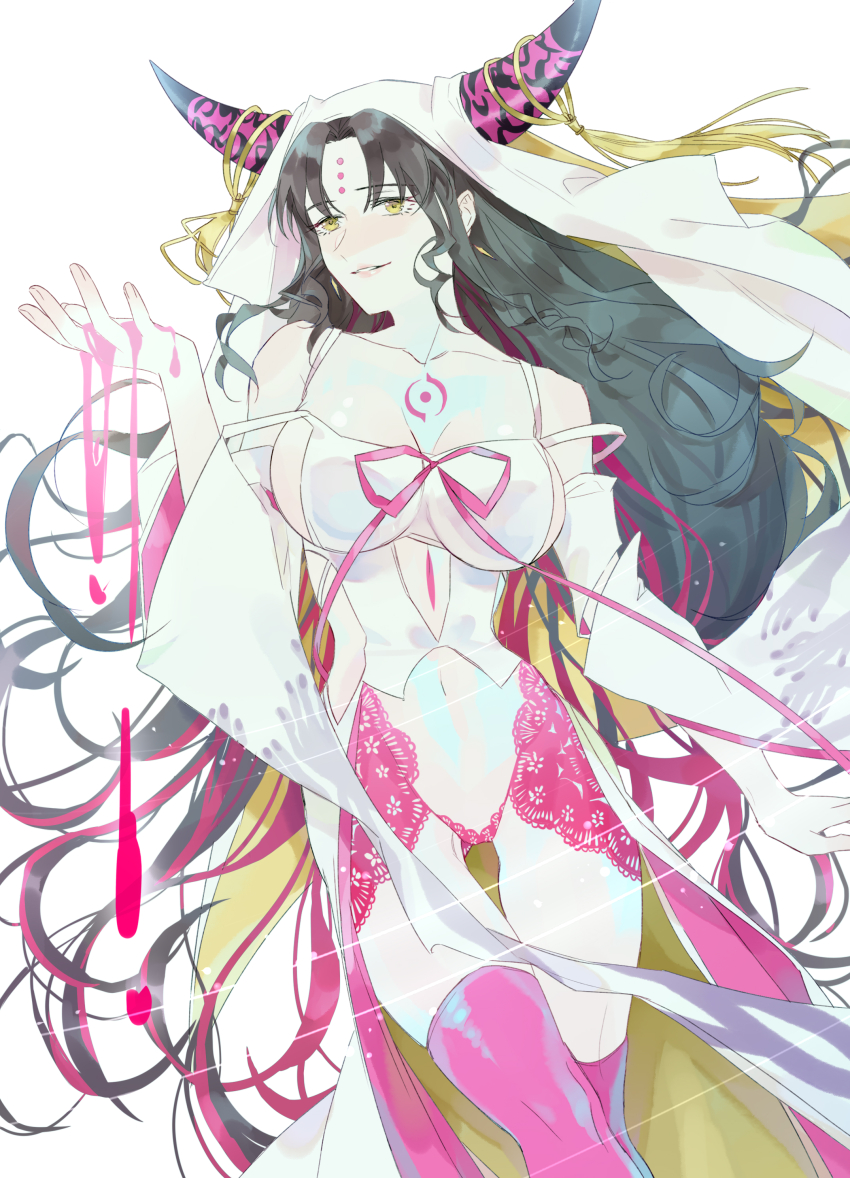 1girl absurdres arm_at_side black_hair breasts chest_tattoo cleavage commentary cutout_above_navel dress facial_mark fate/extra fate/extra_ccc fate/grand_order fate_(series) feet_out_of_frame forehead_mark grin hand_up handprint highres horn_ornament horn_ring horns large_breasts long_hair long_sleeves looking_afar multicolored_hair multicolored_horns navel panties parted_bangs pink_horns pink_panties pink_ribbon pink_thighhighs print_sleeves ribbon sessyoin_kiara sessyoin_kiara_(heaven&#039;s_hole) sessyoin_kiara_(third_ascension) sideboob simple_background smile solo stomach_tattoo streaked_hair tassel tattoo thighhighs torijo underwear veil very_long_hair white_background white_dress white_veil yellow_eyes