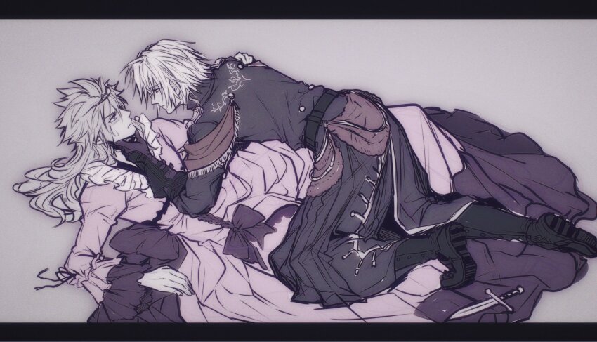 2boys all_fours arm_armor back_bow black_footwear black_gloves black_jacket black_pants blush boots bow cloud_strife cloud_strife_(ball_gown) commentary crossdressing dagger dress dress_bow epaulettes final_fantasy final_fantasy_vii final_fantasy_vii_ever_crisis frilled_sleeves frills frogccc333 from_side full_body gloves grey_background hand_on_another&#039;s_chin hand_on_another&#039;s_shoulder highres jacket juliet_sleeves knife long_dress long_hair long_sleeves looking_at_another lying male_focus military_uniform multiple_boys muted_color official_alternate_costume on_back pants pinned puffy_sleeves purple_bow purple_dress sephiroth sephiroth_(ever_crisis) sephiroth_(shinra_formal_uniform) short_hair spiked_hair sweatdrop tiara time_paradox waist_cape weapon yaoi
