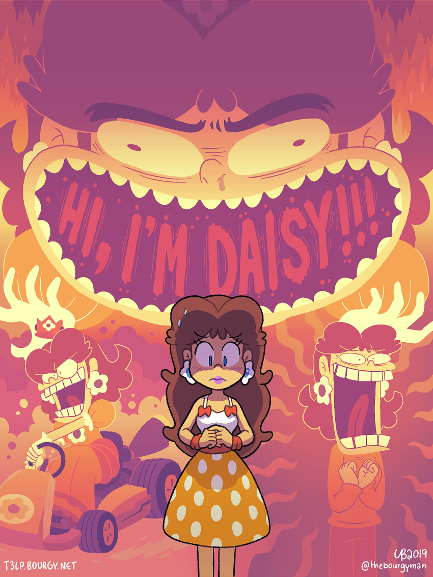 1girl blue_eyes breasts brown_hair comic crazy_eyes crazy_smile crown dress dual_persona earrings fire flower_earrings gloves highres jewelry kart lipstick long_hair makeup mario_(series) mario_kart mario_kart_8 nintendo open_mouth princess_daisy riding short_hair smile standing super_mario_land sweatdrop sweater thebourgyman tomboy