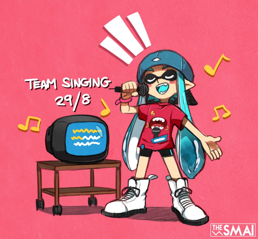 1girl artist_name bad_id bad_tumblr_id baseball_cap beamed_quavers bike_shorts blue_hair blush blush_stickers closed_eyes dated fangs female_focus hat inkling inkling_girl inkling_player_character karaoke long_hair music musical_note nintendo open_mouth quaver sami_(artist) sami_briggs shoes simple_background singing sneakers solo splatoon_(series) splatoon_1 television tentacle_hair thick_eyebrows