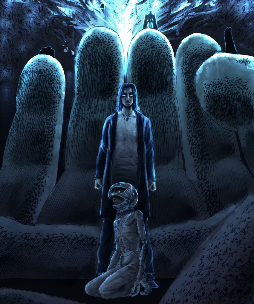 1girl 5boys absurdres ankle_wrap arm_wrap artist_name bandages berserk black_hair black_jacket blue_eyes blue_theme clenched_hands clenched_teeth colorized commentary conrad_(berserk) crossover demon_wings divine_being eclipse eliasdessin english_commentary eren_yeager floating foot_wraps griffith_(berserk) hand_wraps helmet highres instufer jacket leg_wrap long_hair long_sleeves multiple_boys open_mouth ribs shingeki_no_kyojin shirt silhouette skinny slan_(berserk) slim_legs standing teeth ubik_(berserk) void_(berserk) white_shirt wings wrist_wrap