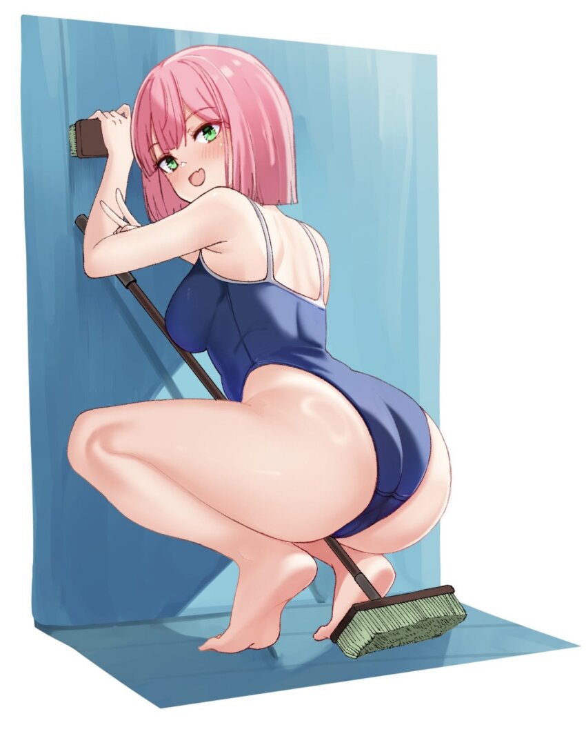 1girl :d alternate_costume ass back bare_shoulders barefoot between_legs blue_one-piece_swimsuit blunt_bangs blunt_ends blush bob_cut breasts broom cleaning_brush commentary curvy fang feet from_behind full_body green_eyes hands_up happy highleg highleg_one-piece_swimsuit highres holding large_breasts legs looking_at_viewer looking_back medium_hair one-piece_swimsuit open_mouth pink_hair pool sidelighting simple_background skin_fang smile soles solo squatting straight_hair swimsuit tanikaze_amane tenshi_souzou_re-boot! tft_(tft7822) thighs tiptoes v white_background