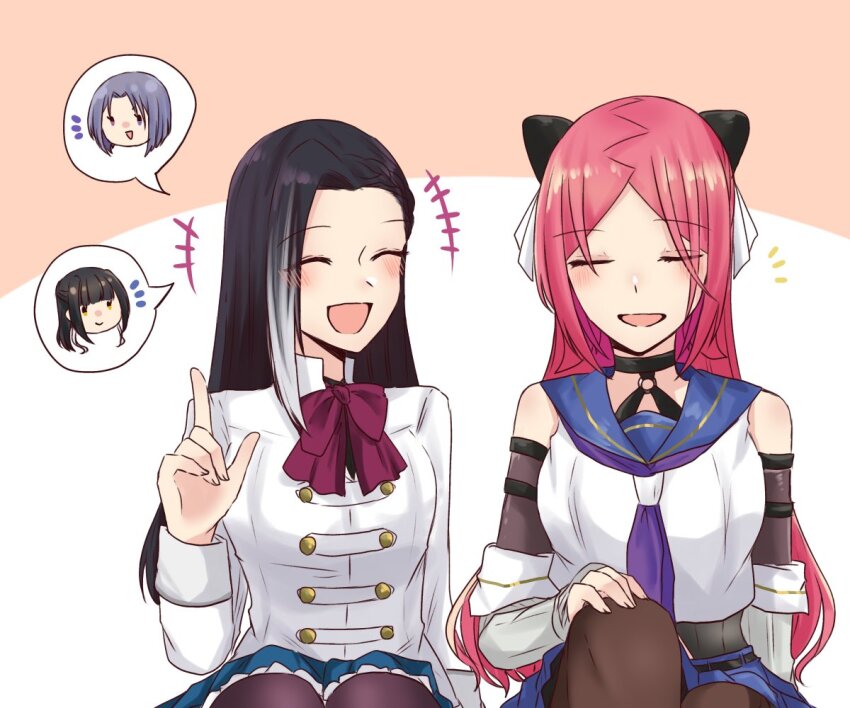 +++ 4girls :d ^_^ arm_at_side assault_lily bare_shoulders belt black_belt black_choker black_hair blue_eyes blue_sailor_collar blue_skirt blush bob_cut bow bowtie breasts brown_pantyhose chibi choker closed_eyes closed_mouth commentary_request crop_top detached_sleeves gradient_hair grey_hair grey_shirt hairpods half_updo hand_on_own_knee hand_up head_only herensuge_girls_academy_school_uniform heterochromia index_finger_raised jacket jin_no_hana kagawa_makina knee_up layered_sleeves long_hair long_sleeves medium_breasts miniskirt multicolored_hair multiple_girls nigari_(ngari_0115) notice_lines o-ring o-ring_choker odaiba_girls_high_school_uniform open_mouth orange_background pantyhose parted_bangs pink_eyes pleated_skirt red_bow red_bowtie red_hair ribbed_shirt sailor_collar school_uniform serafuku shiba_tomoshibi shin_no_hana shirt short_hair side-by-side sitting skirt smile speech_bubble spoken_character triangle_mouth two-tone_background two-tone_hair undershirt upper_body white_background white_choker white_jacket white_shirt yellow_eyes