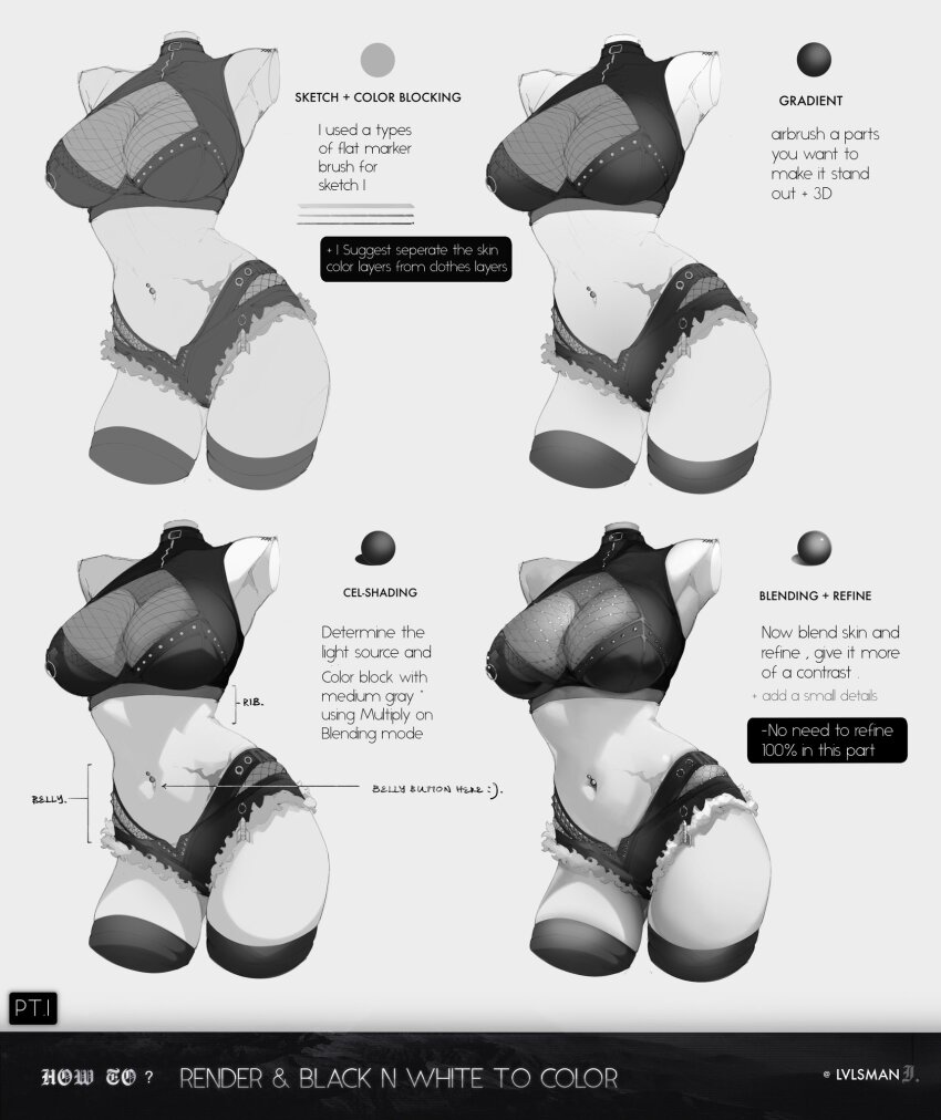 1girl armpits breasts cleavage commentary crop_top cropped_arms cropped_legs english_commentary grey_background greyscale guide highres how_to large_breasts micro_shorts monochrome multiple_views navel navel_piercing original piercing see-through_cleavage see-through_clothes shorts siiar_(lvlcmxcix) simple_background stomach thighs