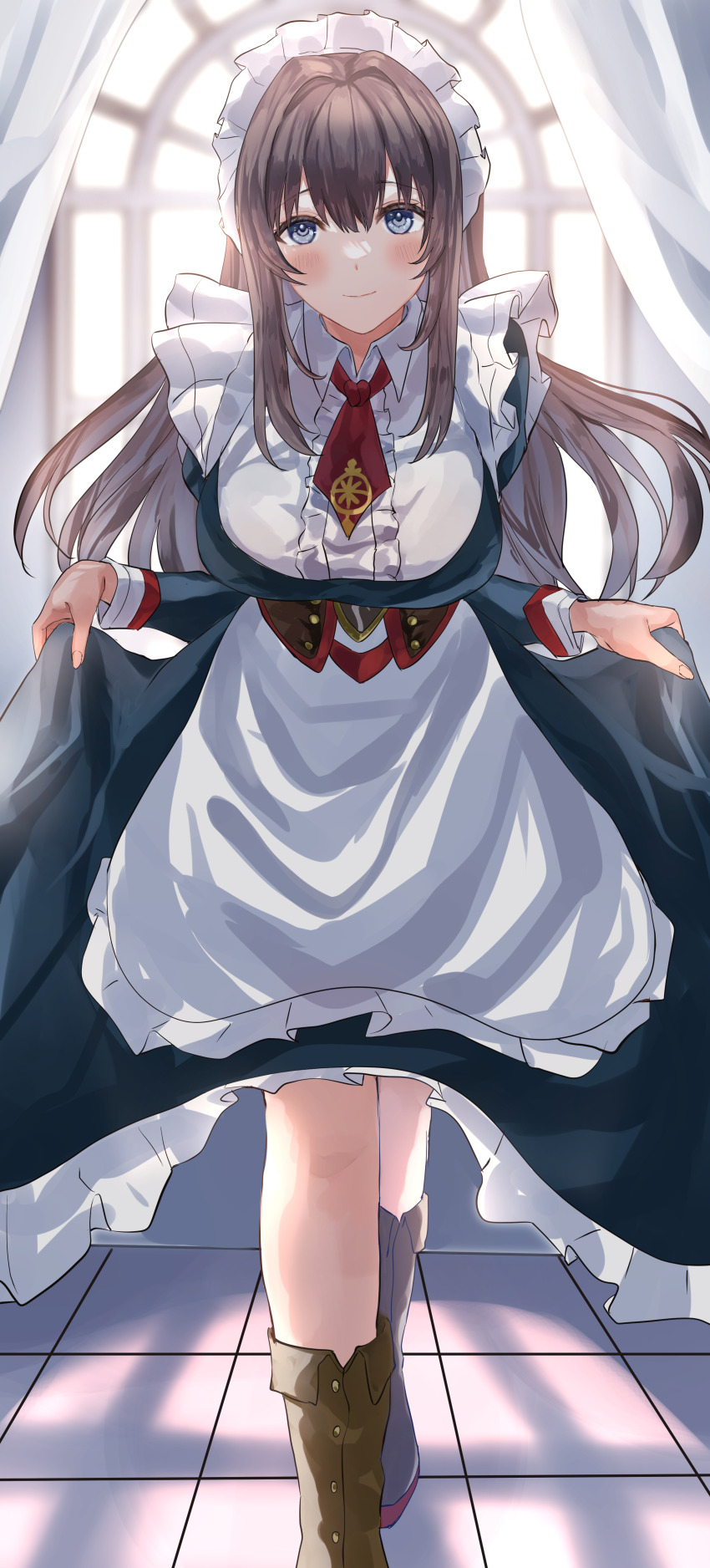 1girl absurdres apron azur_lane black_dress blue_eyes boots breasts brown_boots brown_corset brown_hair center_frills clothes_lift collar corset curacoa_(azur_lane) dress dress_lift frilled_apron frills full_body highres large_breasts long_hair looking_at_viewer maid maid_apron maid_headdress minestrone_takizawa necktie red_necktie short_necktie skirt_hold solo walking white_apron